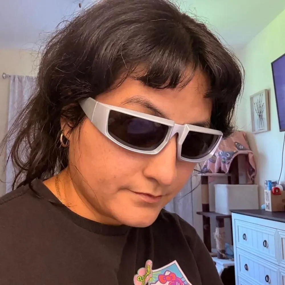 Silver unisex wraparound sunglasses with dark tinted lenses futuristic cybercore